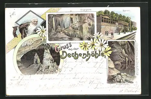 Lithographie Iserlohn, Dechenhöhle, Orgelgrotte, Königshalle, Bahnhof