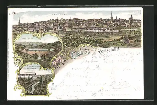 Lithographie Remscheid, Totalansicht der Stadt, Thalsperre, Wupperbrücke bei Müngsten