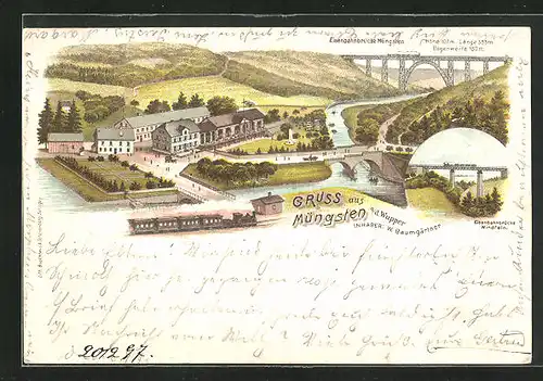 Lithographie Müngsten a. d. Wupper, Gasthaus von W. Baumgärtner und Blick zur Eisenbahnbrücke