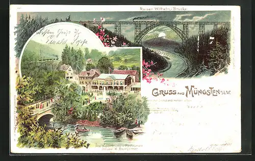 Lithographie Müngsten a. d. W., Restaurant von W. Baumgärtner an der alten Wupperbrücke