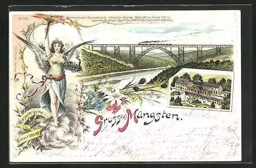 Lithographie Müngsten a. d. W., Restaurant Wilh. Baumgärtner, Riesenbrücke