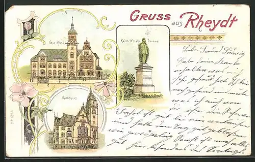 Lithographie Rheydt, Neue Post, Rathaus, Kaiser Wilhelm-Denkmal