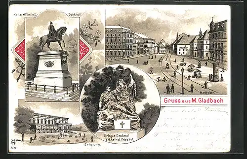 Lithographie Mönchengladbach, Restaurant Erholung, Marktplatz, Kaiser Wilhelm I Denkmal