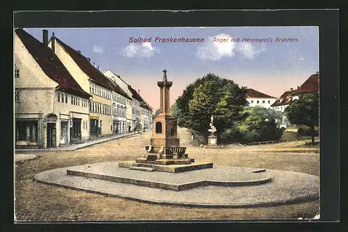 AK Frankenhausen, Anger mit Geschäften und Herrmann`s Brunnen
