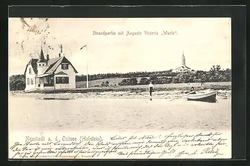AK Neustadt a. d. Ostsee /Holstein, Strandpartie mit Auguste Victoria Warte und Boot