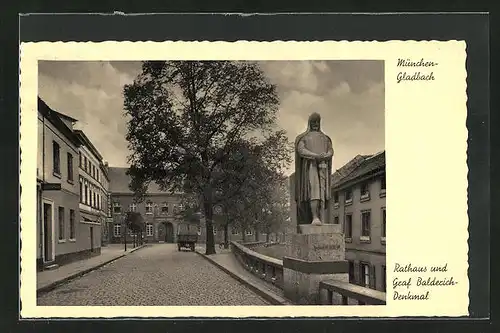 AK München-Gladbach, Rathaus mit Geschäft und Graf Balderich-Denkmal