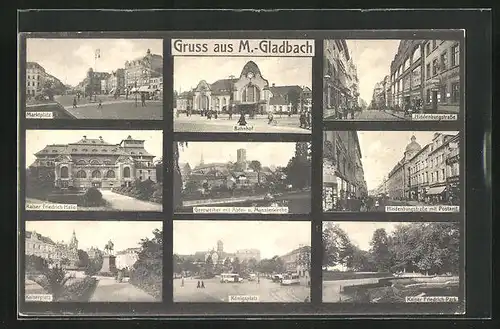 AK M.-Gladbach, Hindenburgstrasse mit Geschäften und Postamt, Kaiser Friedrich-Halle, Bahnhof