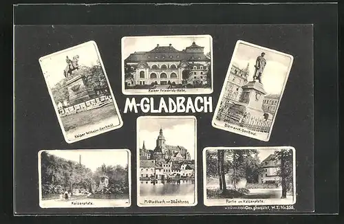 AK M.-Gladbach, Kaiser Friedrich-Halle, Kaiser Wilhelm-Denkmal, Bismarck-Denkmal
