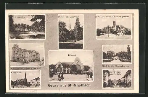 AK M.-Gladbach, Katholisches Krankenhaus Maria Hilf, Bahnhof, Blick zur Kaiser Friedrich-Halle