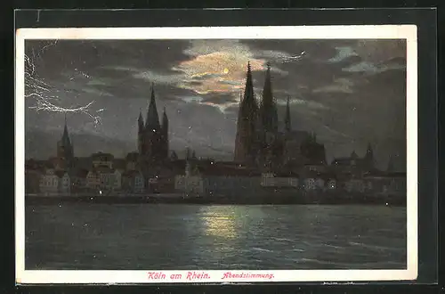 AK Köln, abendliche Stadt mit Rhein