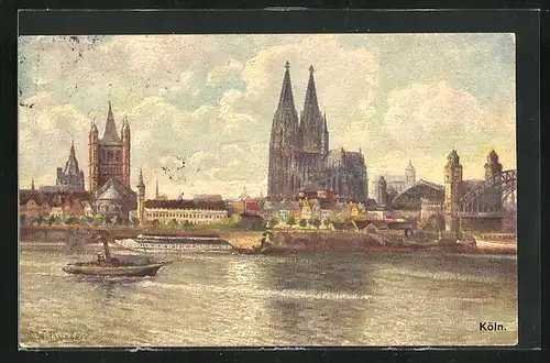 Künstler-AK Köln, Gemälde mit Dom und Hohenzollernbrücke