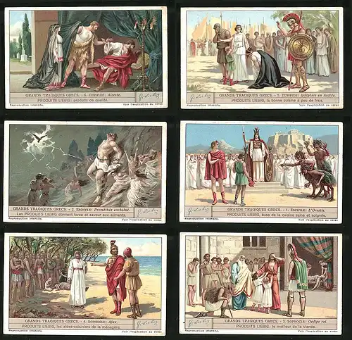 6 Sammelbilder Liebig, Serie Nr. 1245: Grands Tragiques Grecs, Sophocle, Oedipe Roi, Ajax, L`Orestie, Prométhée enchaîné