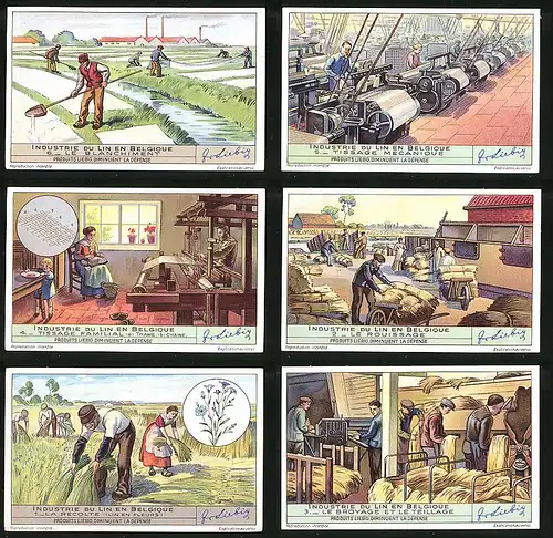 6 Sammelbilder Liebig, Serie Nr. 1401: Industrie du lin en Belgique, Le Broyage et le Teillage, La Récolte, Le Rouissage