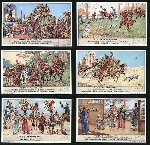 6 Sammelbilder Liebig, Serie Nr. 1585: Valkerij en Valkenjacht, Japan, Koebilai-Khan, Gazellen, Perzië