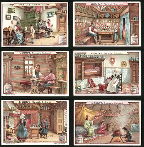 6 Sammelbilder Liebig, Serie Nr. 819: Kalkmückenzeit, Mongolei, Bauernhaus, Frankreich, Holland, russisches Bauernhaus