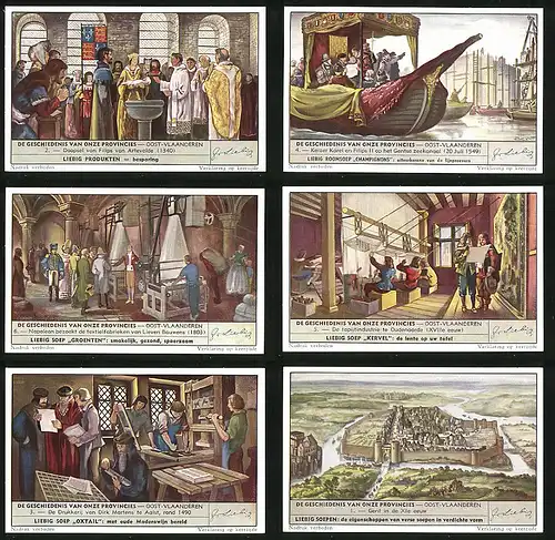 6 Sammelbilder Liebig, Serie Nr. 1549: De Geschiedenis van Onze Provincies, Oost-Vlaanderen, Gent in de Xle eeuw