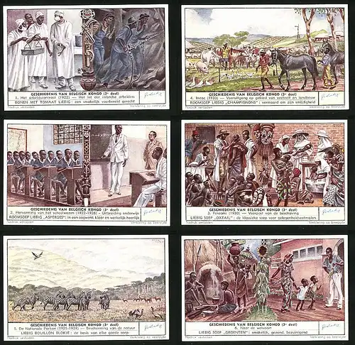 6 Sammelbilder Liebig, Serie Nr. 1547: Geschiedenis van Belgisch Kongo, Naar de welvaart, De Nationale Parken, Zebras