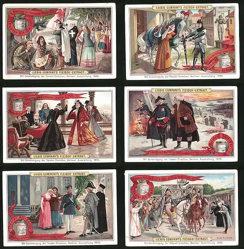 6 Sammelbilder Liebig, Serie Nr. 498: Theater Alt-Berlin, Friedrich Wilhelm III., Ritter, Steinerner Roland, Germanen