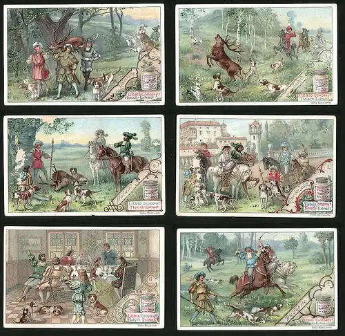 6 Sammelbilder Liebig, Serie Nr. 546: Jagdbilder, Jäger, Jagdhunde, Mittelalter, Hirsch
