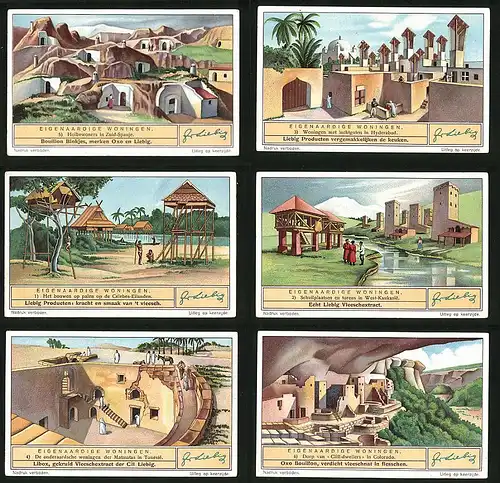 6 Sammelbilder Liebig, Serie Nr. 1348: Eigenaardige Woningen, Kaukasus, Tunesien, Colorado, Spanien