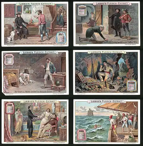 6 Sammelbilder Liebig, Serie Nr. 697: Der Graf von Monte Christo, Alexander Dumas, Schatz, Seenot, Seefahrt
