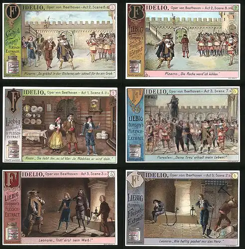 6 Sammelbilder Liebig, Serie Nr. 675: Fidelio, Beethoven, Oper, Pizarro, Hellebarden