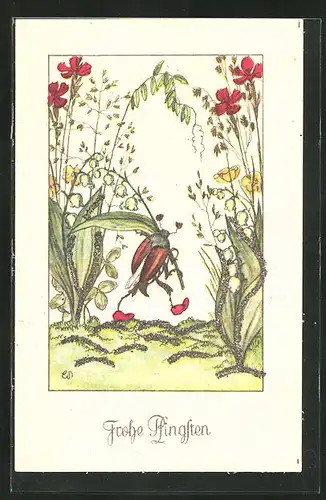 AK Maikäfer trägt ein Maiglöckchen durch die Blumenwiese, Pfingstgrüsse