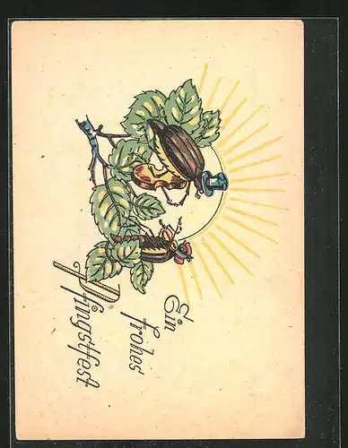 AK Zwei Maikäfer musizieren auf einen Zweig, Pfingstgrüsse