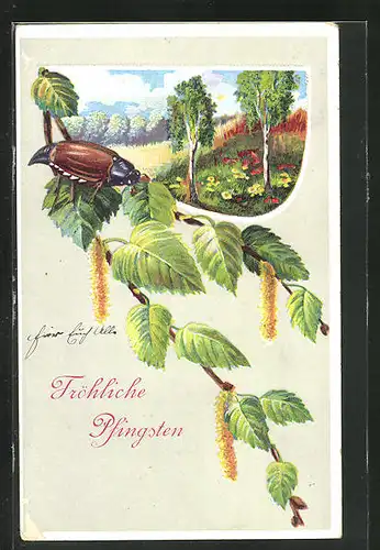 Künstler-AK Frühlingsidyll mit Maikäfer auf Birkenast