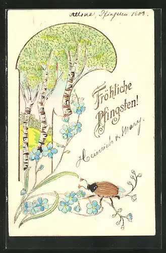 Präge-AK Maikäfer auf Zweig mit Birken