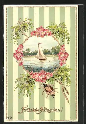 Präge-AK Seeidyll mit Segelboot umrahmt von Maikäfer und Blumen