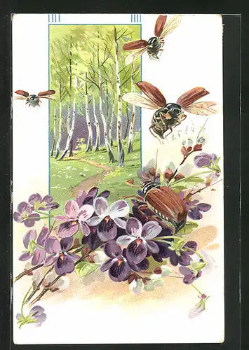 Präge-AK Maikäfer an violetten Blumen