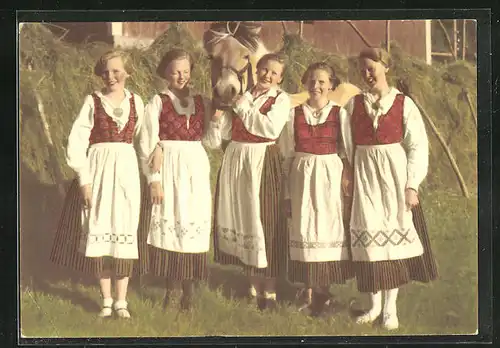 AK Nasjonaldrakter, Hübsche Mädchen in norwegischer Tracht