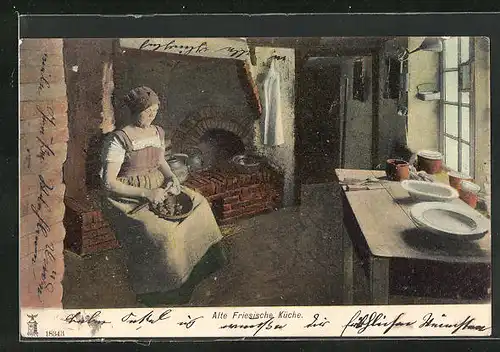 AK Bäuerin in einer alten friesischen Küche