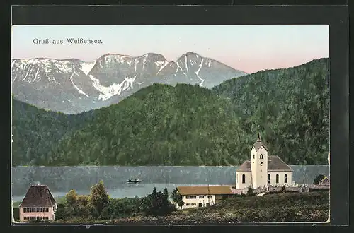 AK Weissensee, Uferpartie mit Kirche und Boot