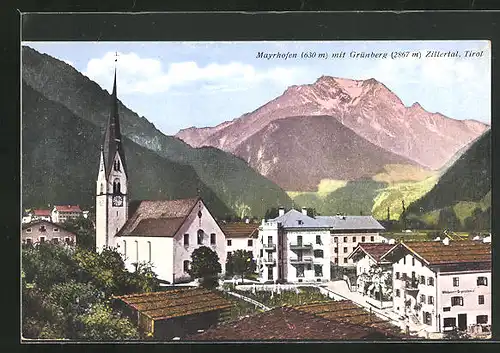 AK Mayrhofen /Zillertal, Ortspartie mit Kirche & Grünberg