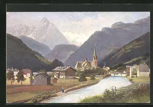 AK Zell am Ziller /Zillertal, Flusspartie mit Kirche