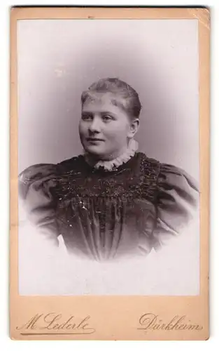 Fotografie M. Lederle, Dürkheim, Portrait junge Dame im bestickten Kleid