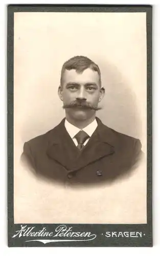 Fotografie Albertine Petersen, Skagen, Portrait Herr im Anzug mit Schlips und breitem Oberlippenbart