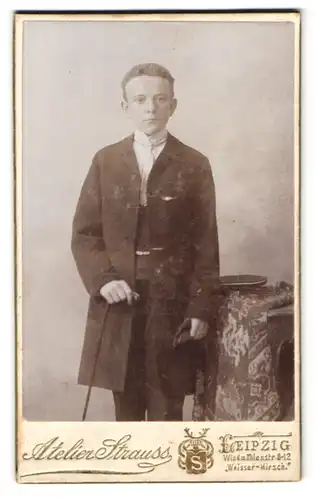 Fotografie Atelier Strauss, Leipzig, Windmühlenstr. 8-12, Portrait junger Knabe im Anzug mit Stock und Handschuhen