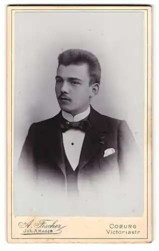 Fotografie A. Fischer, Coburg, Victoriastr., Portrait junger Mann Herr Dietz im Anzug mit Fliege