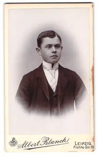 Fotografie Albert Blanck, Leipzig, Fichtestrasse 15, Junger Mann mit Anzug und Krawatte