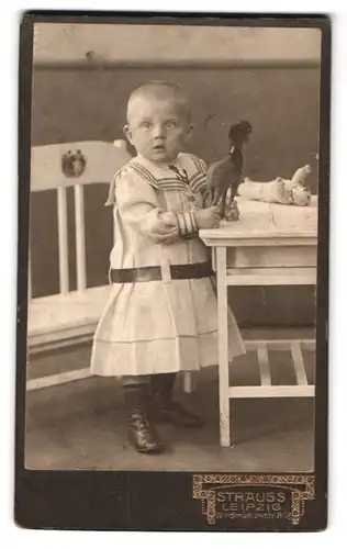 Fotografie Atelier Strauss, Leipzig, Windmühlenstr. 12, Kleines Kind in eleganter Kleidung mit Spielzeug Pferd