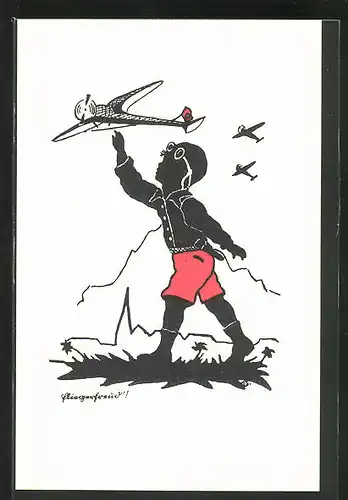 Künstler-AK Bub mit Fliegerkappe wirft sein Spielzeugflugzeug