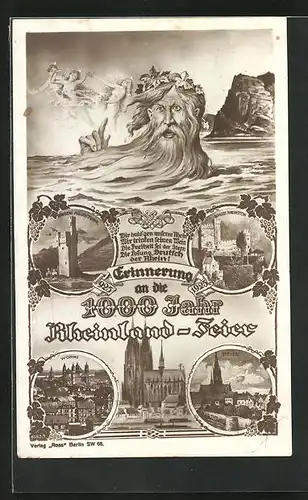AK Worms, 1000 Jahr Rheinland-Feier 1925, Teilansicht der Stadt, Speyer, Schloss Rheinstein, Vater Rhein
