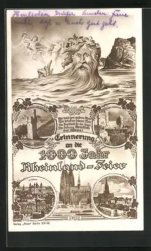 AK Bingen, 1000 Jahr Rheinland-Feier 1925, Mäuseturm, Speyer, Schloss Rheinstein, Vater Rhein