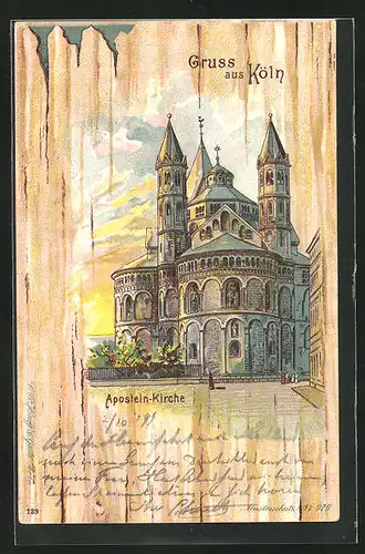 Lithographie Köln, Abendstimmung an der Aposteln-Kirche