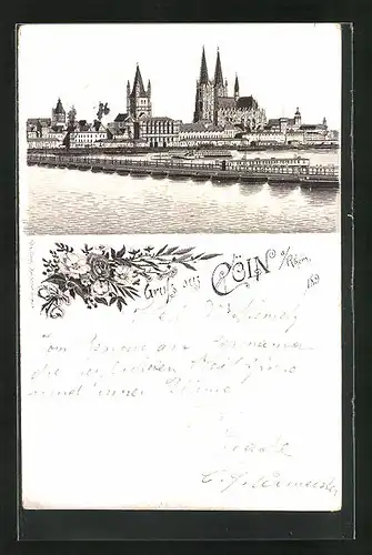 Lithographie Köln, Pontonbrücke über den Rhein, Dom im Stadtbild