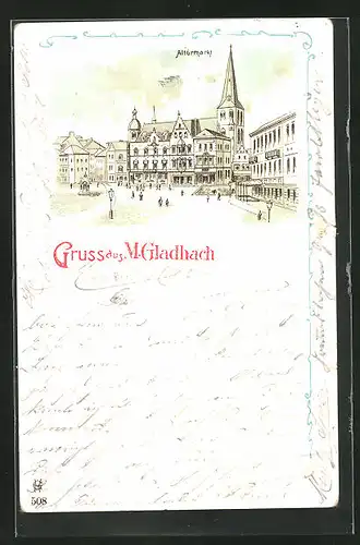 Lithographie Mönchengladbach, Altermarkt mit Rathaus und Kirche