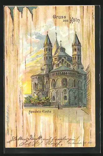 Lithographie Köln, Aposteln-Kirche im Abendlicht